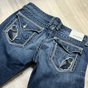 AFFLICTION Jeans BLAKE Sz 33x32 Dark Wash Distressed Y2K Straight Bootcut